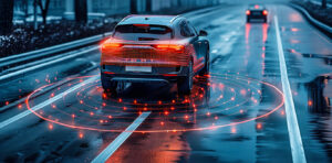 Autonomous vehicle technology and smart mobility concept with a car and dynamic light trails on a digital city road showcasing a futuristic city transportation