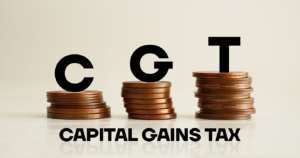 Capital gains tax CGT is shown using the text stacked on coins.