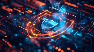 An abstract representation of cybersecurity featuring a digital shield surrounded by intricate circuits, data points, and glowing orange and blue elements. The image highlights the importance of protecting digital systems, symbolizing vigilance and security measures in the context of Cybersecurity Awareness Month.