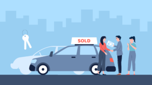 Young woman buy first car. Used cars market trend sales, sold good automobile. Seller and buyer on auto market, make a deal vector flat concept