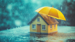 Home insurance concept depicted by a house sheltered under an umbrella symbolizing protection from adverse weather conditions. Property Underinsurance.